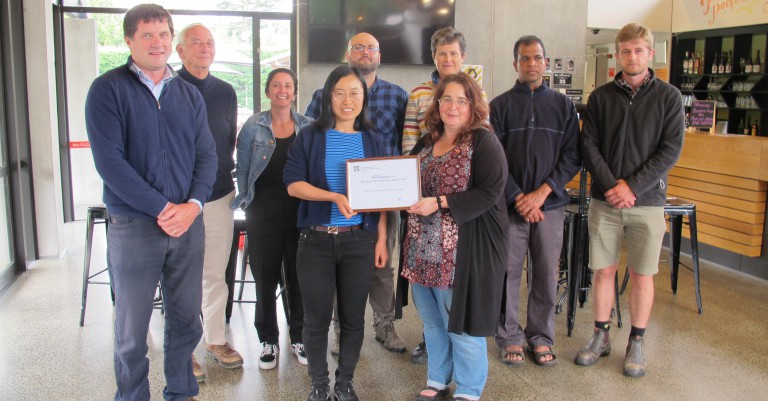 PHOTO: The Dryland Pastures Group with their award. Professor Moot was unable to attend the awards ceremony, as he was returning from a trip that involved giving lucerne advice to Taupo dairy, sheep and beef farmers to assist with their on-farm practices.