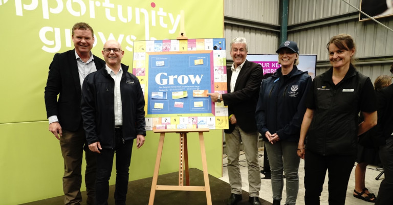 Rabobank CEO Todd Charteris, MPI Director-General Ray Smith, Minister of Agriculture Damien O'Connor, Lincoln University Student Engagement Manager Jaime Shone and Agribusiness Project Curriculum Director Kerry Allen at the Grow launch event earlier today.