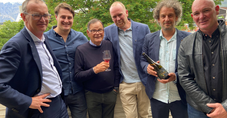 Vice-Chancellor Professor Grant Edwards (far left) at the Queenstown Andy Pinot Noir 2020 launch with Alex Coldicutt, Michael Anderson, Timbo Deaker, Mark Rose and Jason Thomson (the group who developed the wine).