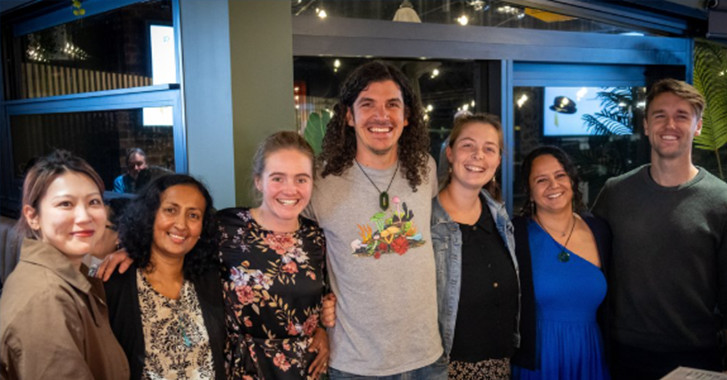 Image caption: From left to right: Yanyu Zhang, Iresha Matiwalage, Julie Gillespie, David Hera, Sophie O’Brien, Chrystal Te Ohorere O’Connor and Max Nightingale-McMahon. Image credit: Zohar Marshall.